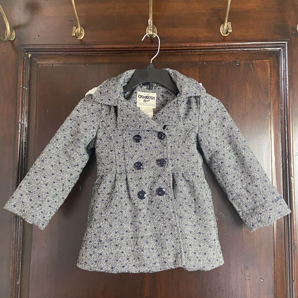 Osh Kosh B'gosh Gray Dress Polka Dot Pea Coat Girls Sz 4 Faux Sherpa Lined Hood